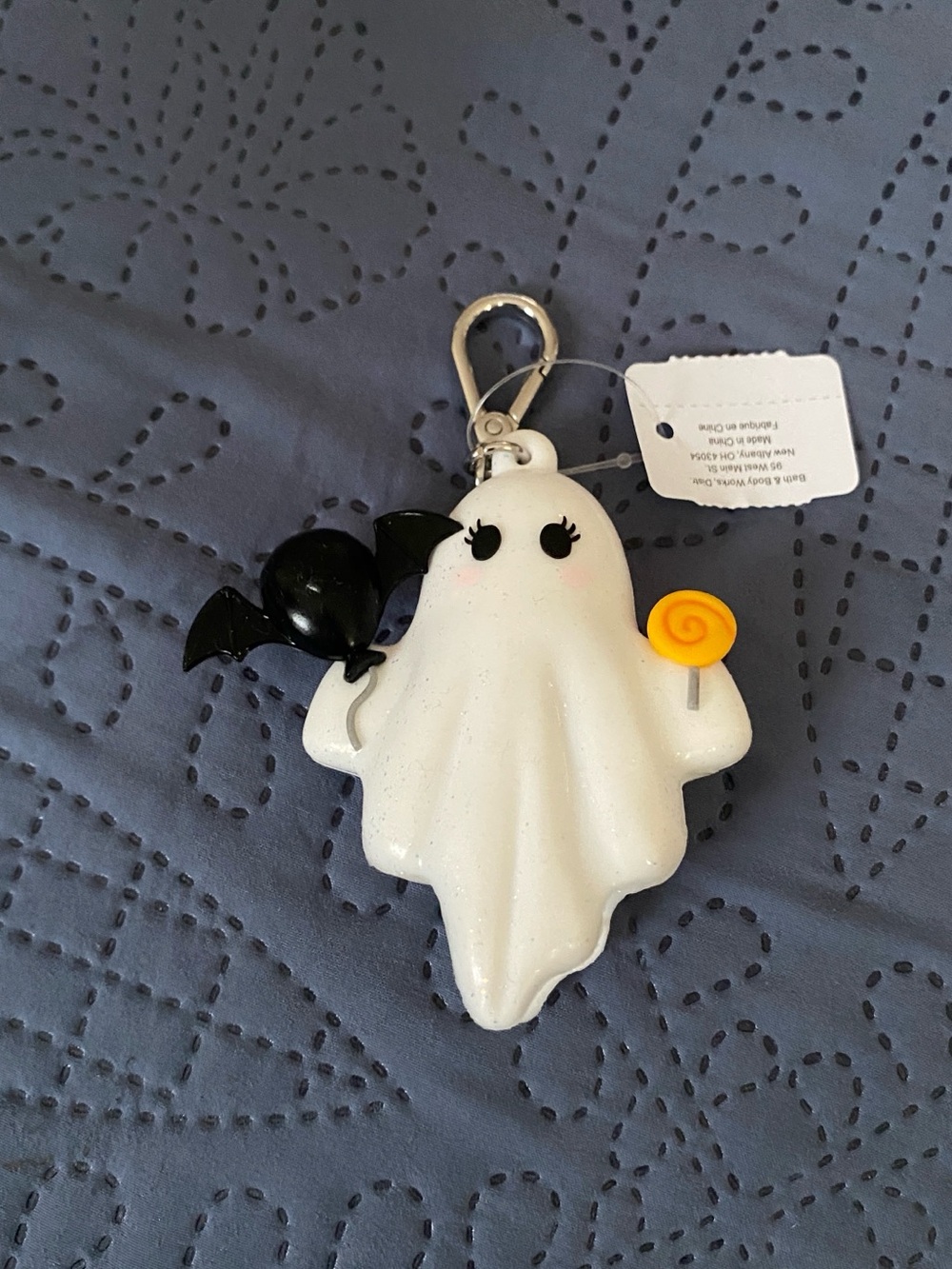 Bath & Body Works White Ghost Keychain with Black Bat and Yellow Lollipop